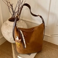 Deep camel suede tote bag with brown leather strap and cute brown plush bear charm - With Charm / Brown