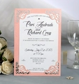 Invito matrimonio pizzo laser con cornice glitter pesca e rose bianche eleganti - Rosa