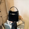 Minimalist black bucket handbag in matte leather with silver buckle and bear charm - With Pendant / Black