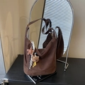 Deep brown suede tote bag with wide strap and cute bear charm in a vintage style - With Charm / Brown