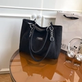 Large black tote bag in matte suede with silver chain strap for women - Black
