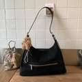 Vintage black faux suede hobo bag with teddy bear charm and adjustable shoulder strap - Black with Pendant
