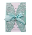 Dettagli invito matrimonio verde menta intagliato al laser con pizzo e fiocco di raso - Blu Tiffany