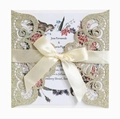 Elegant laser cut gold glitter wedding invitation set with floral card and beige silk ribbon - Light Gold Glitter (HK-200)