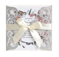 Silver laser-cut glitter wedding invitation with ivory ribbon and floral card detail - Silver Glitter (HK-200)