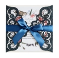 Laser cut navy blue glitter wedding invitation with silk ribbon and floral insert - Deep Blue Glitter (HK-200)