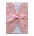 Invitation de mariage rose découpée au laser avec motif de feuilles et nœud satin - Rose