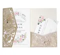 Golden laser cut rose wedding invitation set with floral printed inner card and RSVP card - Rose Hollow Out Style (HK-124 Glitter) / Light Gold Color