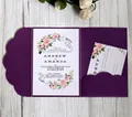 Detail of laser-cut dark purple wedding invitation with RSVP card on wooden background - Dark Purple