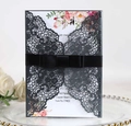 Detailed laser-cut wedding invitation with black lace design and pink floral inner card - Charcoal Black