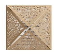 Laser-cut square gold invitation pocket featuring intricate hollow rose flower patterns - Beige Gold