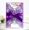 Elegant purple laser-cut wedding invitation card with satin ribbon and floral insert - Dark Purple