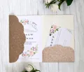 Detail of laser cut gold glitter wedding invitation with elegant pink floral watercolor cards - Rose Gold