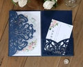 Detailed laser-cut navy blue wedding invitation set with elegant floral patterns - Dark Blue