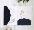 Detailed set of navy blue laser-cut wedding invitation with gold glitter and floral RSVP card - Dark Blue