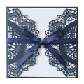 Laser cut navy blue wedding invitation with elegant lace patterns and a satin ribbon bow - Dark Blue Style With Narrow Bow