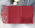 Detailed laser-cut floral pattern on dark red trifold invitation card with marble background - Dark Red