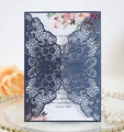Detail of laser-cut lace navy blue pearlized wedding card with floral insert - Magic Blue