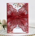 Burgundy laser cut wedding invitation with elegant ribbon bow and floral inner card - Dark Red