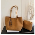 Brown suede tote bag set with matching zippered pouch and beaded tassel charm detail - Brown with Pendant