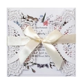 Elegante invito di matrimonio tagliato al laser con guscio bianco e fiocco di raso - Stile Bianco Con Fiocco Grande