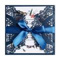 Invito di nozze blu navy tagliato al laser con motivi in pizzo e fiocco di seta - Stile Blu Scuro Con Fiocco Grande