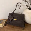 Deep brown suede leather tote bag with vintage metal buckle and decorative puppy charm - With Charm / Brown