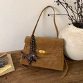 Brown suede tote bag with golden twist lock and a cute dachshund pendant decoration - With Charm / Brown