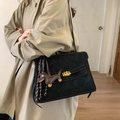 Black matte suede messenger bag with vintage golden lock and cute dog charm detail - With Charm / Black