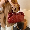 Bolso tote clásico burdeos acolchado en cuero brillante con gran capacidad retro - Rojo