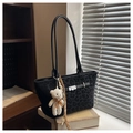 Black leopard print tote bag with plush bear charm and thin leather shoulder straps - Black