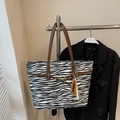 Large zebra print tote bag with brown leather straps and colorful beaded charm - Zebra Pattern Black With Charm