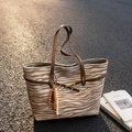 Large animal print canvas tote bag with brown leather handles and bead charm - Zebra Pattern Brown With Charm