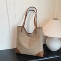 Grand sac cabas kaki minimaliste avec coins en cuir marron foncé et bandoulières - Marron