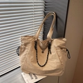 Large off-white nylon tote bag with drawstring side pockets and branded logo - Khaki