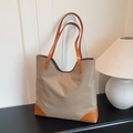 Sac cabas minimaliste kaki en nylon avec poignées en cuir marron pour le trajet quotidien - Marron