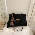 Vintage black matte handbag with gold buckle and a cute brown bear charm accessory - With Charm / Black