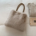 Plush apricot faux fur tote bag with brown woven leather handles for winter - Khaki No Pendant