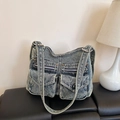 Borsa tote in denim lavato blu retrò con tasche multiple e fibbia in metallo regolabile - Blu