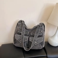 Borsa tote in denim lavato grigio retrò con tasche multiple e borchie argentate - Nero