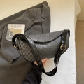Black and grey woven texture shoulder bag with leather trim and gold buckle detail - No Pendant / Black