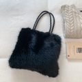 Furry black faux fur tote bag with braided handles, stylish fluffy winter shoulder bag - Black without Pendant