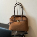 Large dark brown suede tote bag featuring long shoulder straps and golden buckle detail - Brown No Pendant