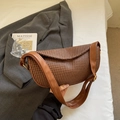 Brown woven crescent dumpling bag in premium leather finish with adjustable strap - No Pendant / Brown