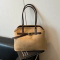 Brown faux suede tote bag with dark leather straps and gold metal buckle details - Khaki (No Pendant)