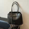 Minimalist black faux suede tote bag with gold buckle detail and long double handles - Black without Pendant