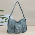 Retro teal canvas shoulder bag for women with vintage metal buckle and adjustable strap - Blue