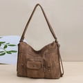 Vintage dark brown faux leather shoulder bag with buckle pockets and metal hardware - Brown