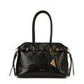 Grand sac cabas noir minimaliste en cuir froissé brillant avec détails en métal doré - Grand / Noir