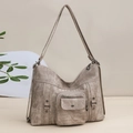 Vintage khaki shoulder bag with large capacity and decorative metal rivets detail - Khaki